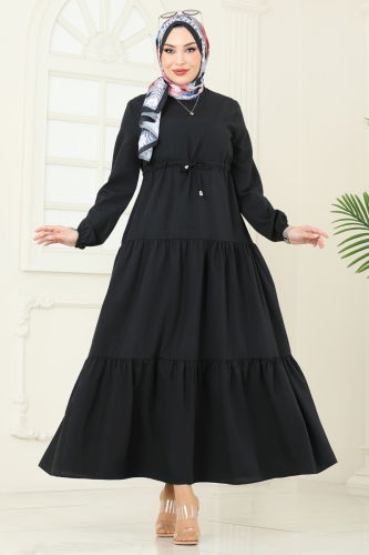 moda selvim Eteği Katlı Terikoton Elbise 014MR1078 Siyah - Thumbnail