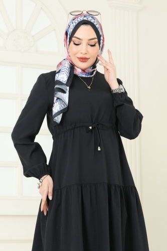 moda selvim Eteği Katlı Terikoton Elbise 014MR1078 Siyah - Thumbnail