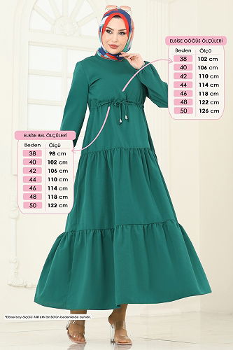 moda selvim Eteği Katlı Terikoton Elbise 014MR1078 Zümrüt - Thumbnail