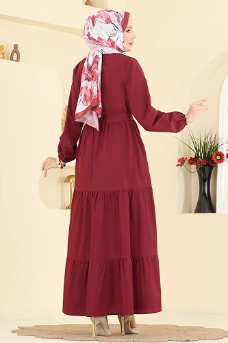 moda selvim Eteği Katlı Terikoton Elbise 3075KTR750 Bordo - Thumbnail
