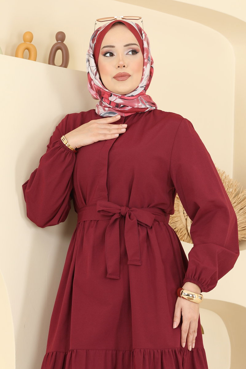 Eteği Katlı Terikoton Elbise 3075KTR750 Bordo