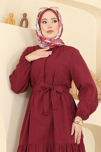 moda selvim Eteği Katlı Terikoton Elbise 3075KTR750 Bordo - Thumbnail