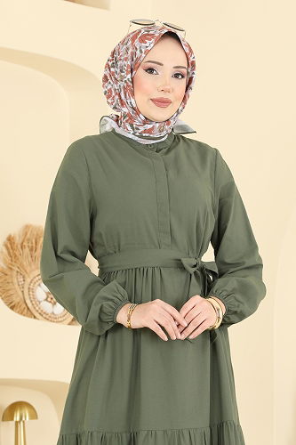 moda selvim Eteği Katlı Terikoton Elbise 3075KTR750 Haki - Thumbnail