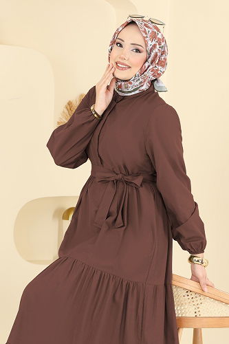 moda selvim Eteği Katlı Terikoton Elbise 3075KTR750 Kahve - Thumbnail