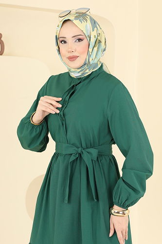moda selvim Eteği Katlı Terikoton Elbise 3075KTR750 Zümrüt - Thumbnail