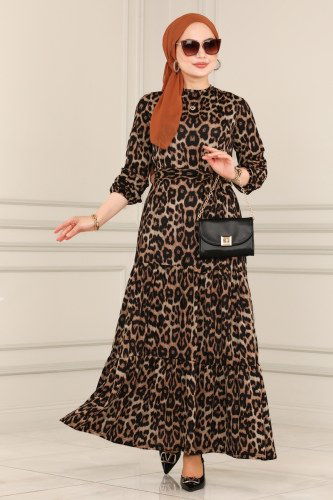 moda selvim Eteği Katlı Tesettür Elbise 107MRT754 Leopar - Thumbnail