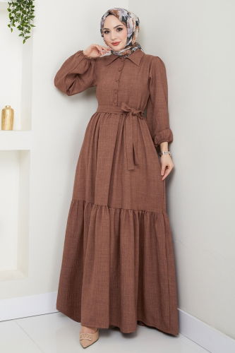 moda selvim Eteği Katlı Tesettür Elbise 3025HBS856 Açık Kahve - Thumbnail