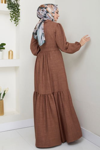moda selvim Eteği Katlı Tesettür Elbise 3025HBS856 Açık Kahve - Thumbnail