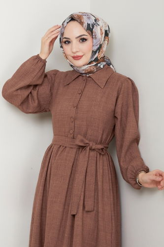 moda selvim Eteği Katlı Tesettür Elbise 3025HBS856 Açık Kahve - Thumbnail