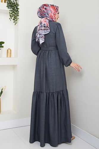moda selvim Eteği Katlı Tesettür Elbise 3025HBS856 Antrasit - Thumbnail