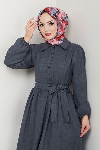 moda selvim Eteği Katlı Tesettür Elbise 3025HBS856 Antrasit - Thumbnail