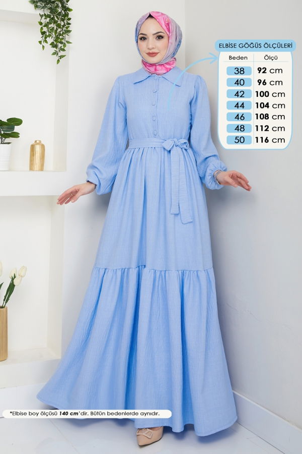 Modaselvim Elbise Eteği Katlı Tesettür Elbise 3025HBS856 Bebe Mavisi