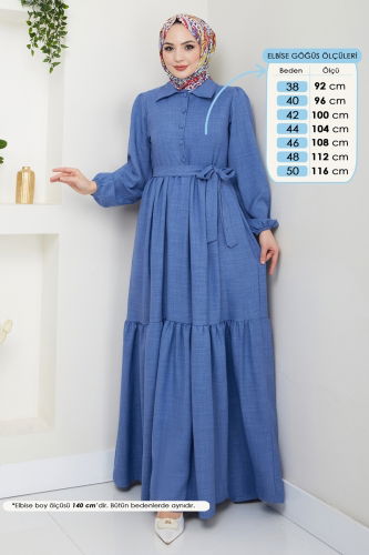 moda selvim Eteği Katlı Tesettür Elbise 3025HBS856 İndigo - Thumbnail