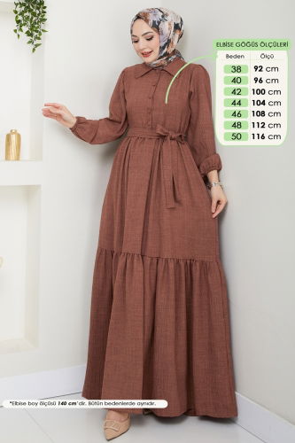 moda selvim Eteği Katlı Tesettür Elbise 3025HBS856 Kahve - Thumbnail