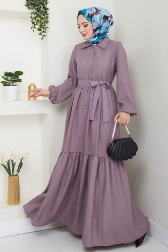 moda selvim Eteği Katlı Tesettür Elbise 3025HBS856 Koyu Lila - Thumbnail