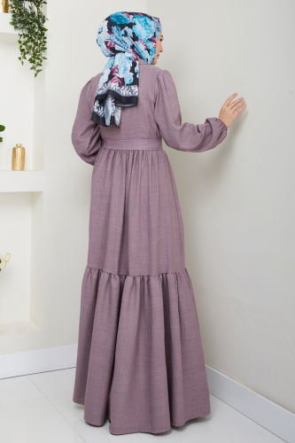 moda selvim Eteği Katlı Tesettür Elbise 3025HBS856 Koyu Lila - Thumbnail