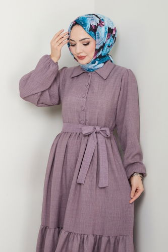 moda selvim Eteği Katlı Tesettür Elbise 3025HBS856 Koyu Lila - Thumbnail