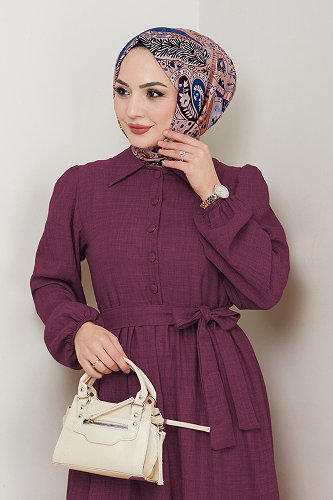 moda selvim Eteği Katlı Tesettür Elbise 3025HBS856 Mürdüm - Thumbnail