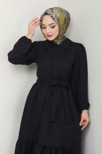 moda selvim Eteği Katlı Tesettür Elbise 3025HBS856 Siyah - Thumbnail