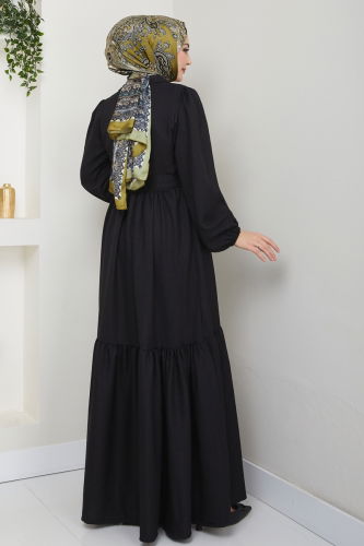 moda selvim Eteği Katlı Tesettür Elbise 3025HBS856 Siyah - Thumbnail