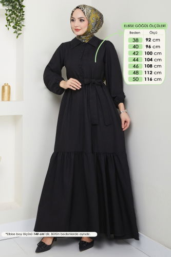 moda selvim Eteği Katlı Tesettür Elbise 3025HBS856 Siyah - Thumbnail