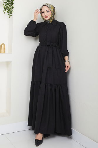 moda selvim Eteği Katlı Tesettür Elbise 3025HBS856 Siyah - Thumbnail