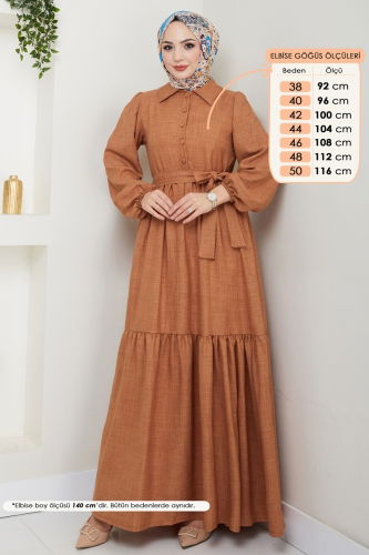moda selvim Eteği Katlı Tesettür Elbise 3025HBS856 Taba - Thumbnail