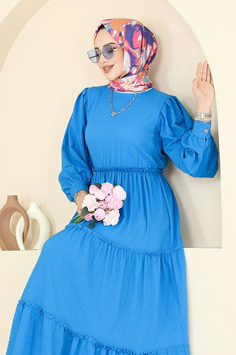 moda selvim Eteği Katlı Tesettür Elbise 3033TBL694 Mavi - Thumbnail