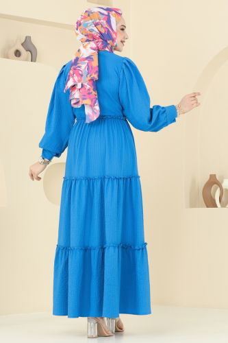 moda selvim Eteği Katlı Tesettür Elbise 3033TBL694 Mavi - Thumbnail