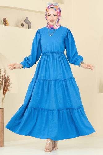 moda selvim Eteği Katlı Tesettür Elbise 3033TBL694 Mavi - Thumbnail