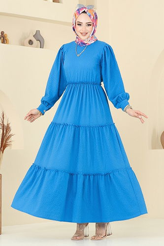 moda selvim Eteği Katlı Tesettür Elbise 3033TBL694 Mavi - Thumbnail