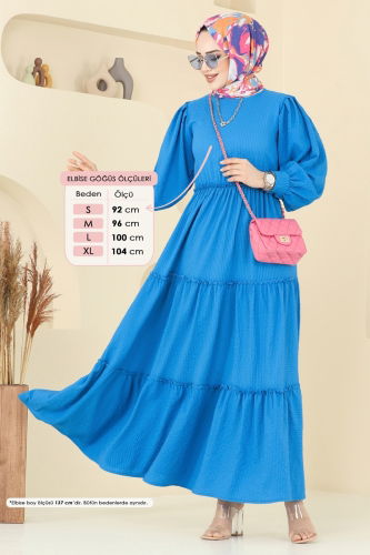 moda selvim Eteği Katlı Tesettür Elbise 3033TBL694 Mavi - Thumbnail