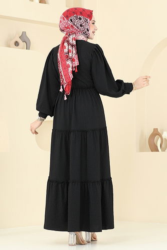 moda selvim Eteği Katlı Tesettür Elbise 3033TBL694 Siyah - Thumbnail
