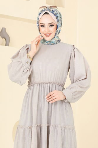 moda selvim Eteği Katlı Tesettür Elbise 3033TBL694 Taş - Thumbnail