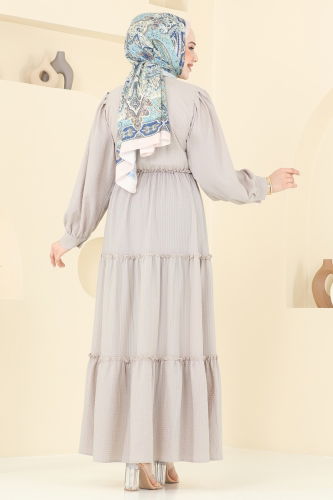 moda selvim Eteği Katlı Tesettür Elbise 3033TBL694 Taş - Thumbnail