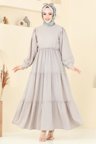 moda selvim Eteği Katlı Tesettür Elbise 3033TBL694 Taş - Thumbnail