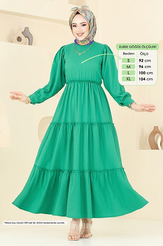 moda selvim Eteği Katlı Tesettür Elbise 3033TBL694 Yeşil - Thumbnail