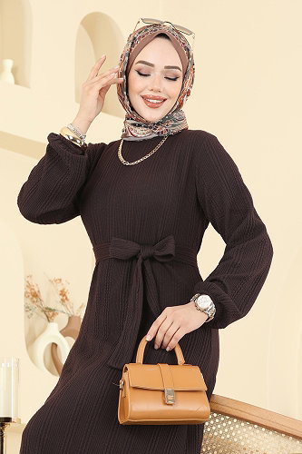 moda selvim Eteği Katlı Tesettür Elbise 4127PM271 Kahve - Thumbnail