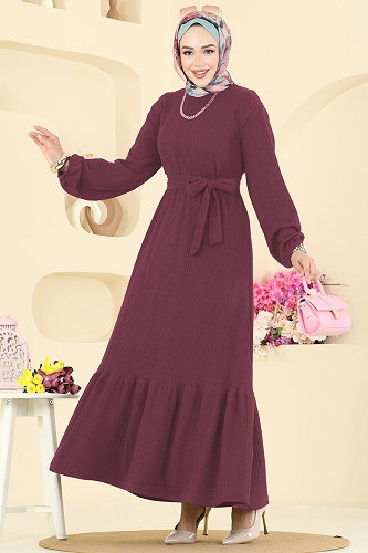 moda selvim Eteği Katlı Tesettür Elbise 4127PM271 Koyu Gül Kurusu - Thumbnail