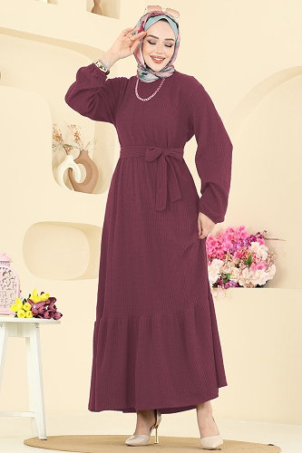 moda selvim Eteği Katlı Tesettür Elbise 4127PM271 Koyu Gül Kurusu - Thumbnail