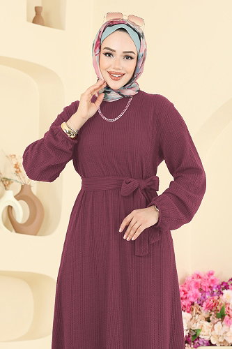 moda selvim Eteği Katlı Tesettür Elbise 4127PM271 Koyu Gül Kurusu - Thumbnail