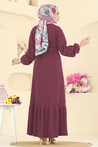 moda selvim Eteği Katlı Tesettür Elbise 4127PM271 Koyu Gül Kurusu - Thumbnail