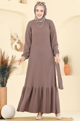 moda selvim Eteği Katlı Tesettür Elbise 4127PM271 Koyu Vizyon - Thumbnail