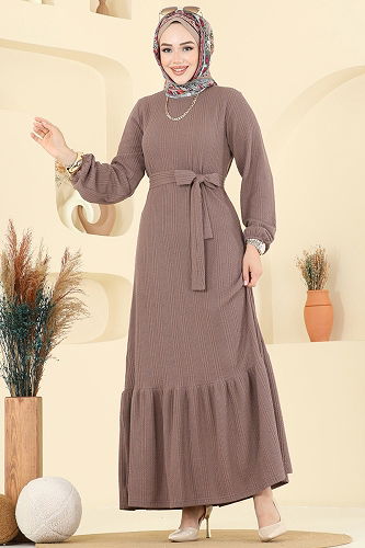 moda selvim Eteği Katlı Tesettür Elbise 4127PM271 Koyu Vizyon - Thumbnail