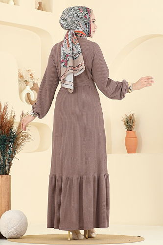 moda selvim Eteği Katlı Tesettür Elbise 4127PM271 Koyu Vizyon - Thumbnail