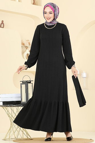 moda selvim Eteği Katlı Tesettür Elbise 4127PM271 Siyah - Thumbnail