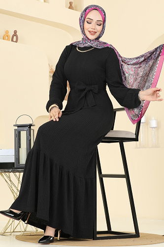 moda selvim Eteği Katlı Tesettür Elbise 4127PM271 Siyah - Thumbnail