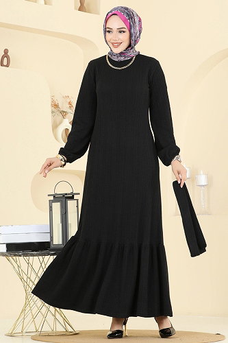 moda selvim Eteği Katlı Tesettür Elbise 4127PM271 Siyah - Thumbnail