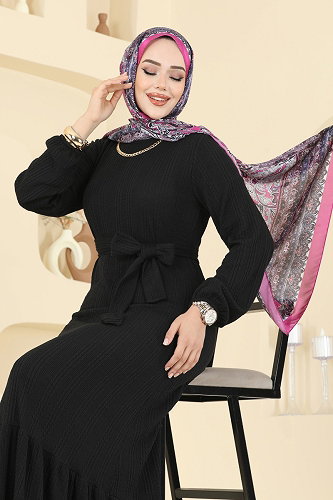 moda selvim Eteği Katlı Tesettür Elbise 4127PM271 Siyah - Thumbnail