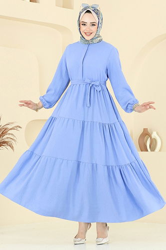 moda selvim Eteği Katlı Tesettür Elbise 6094TEG847 Bebe Mavi - Thumbnail